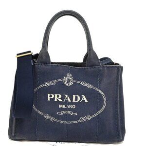 PRADA Logo Canapa 2Way Shoulder Hand Bag Canvas Leather Blue GHW 86KA843